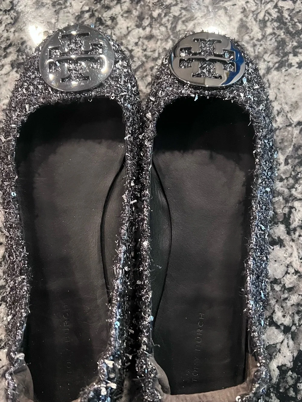 Tory Burch Black-and-Silver Tweed Ballet Flats with Logo Emblem